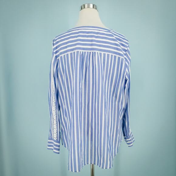 Talbots Plus Size 1X Blue White Stripe Lace Trim Popover Button Cotton Tunic Top - Picture 3 of 6